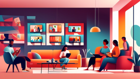 Create an image of a diverse group of people enjoying Xfinity Stream on various devices, including smartphones, tablets, and smart TVs, with a range of shows and movies displayed on the screens. The setting should show a cozy living room and a modern urban café, emphasizing flexibility and convenience in entertainment consumption.