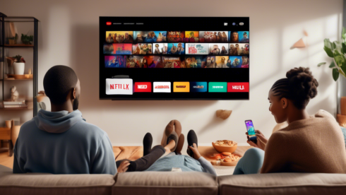 A diverse group of people gathered in a cozy living room, watching various streaming services on a large TV mounted on the wall. The screen is split into sections, showing the logos of popular streaming services like Netflix, Amazon Prime Video, Disney+, Hulu, and HBO Max. Each person is holding a remote control or a snack, with a warm, inviting ambiance in the room reflecting the comfort and enjoyment of streaming TV.