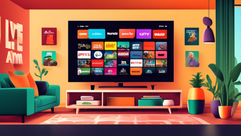 Create an image that visually represents the best live TV streaming services. Depict logos of popular streaming platforms like Netflix, Hulu, Disney+, and Amazon Prime Video on a modern smart TV in a cozy living room setting. Surround the TV with a family watching together, showing excitement and engagement with vibrant colors and an inviting atmosphere.