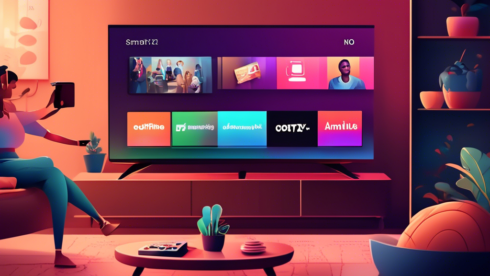 Create an illustration showing a variety of live TV streaming services being compared. Include popular streaming service icons like Netflix, Hulu, Amazon Prime, and Disney+. Show a person with a remote control, switching between different screens on a modern smart TV. The background should include cozy home elements, such as a comfortable sofa, a coffee table with snacks, and dim ambient lighting.