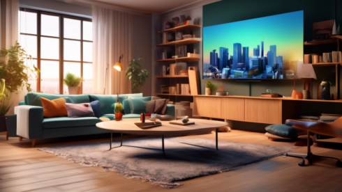 Create an image that shows a modern living room with various gadgets and devices for streaming live TV. Display a smart TV as the centerpiece, showcasing a vibrant streaming service interface with various channels. Include a laptop, smartphone, and tablet around the room, all showing different live TV content. The atmosphere should be cozy and inviting, with a person comfortably seated, perhaps holding a remote or tablet. The scene should highlight the convenience and versatility of live TV streaming in a home setting.