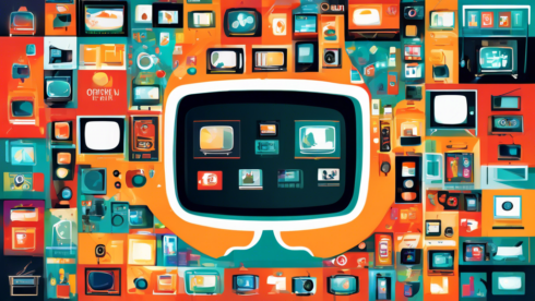 Create an illustration that showcases various options for free television. The image should feature different devices like a modern smart TV, a computer monitor, and a smartphone displaying various streaming platforms and channels. Surround the devices with vibrant symbols representing free TV options such as antennas, online streaming icons, and public broadcasting logos. The background should be lively and engaging, indicating ease of access and variety in free TV options.