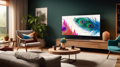 Create an image showcasing a modern living room with a large Samsung TV mounted on the wall, displaying the Peacock TV app interface. Include a cozy couch, a coffee table with a remote, and a family excitedly looking at the screen. Make sure the Peacock TV logo is prominently featured on the TV screen.