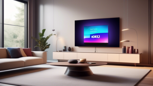 Create an image of a sleek, modern living room with a large, thin Roku TV mounted on the wall. The TV screen displays a futuristic interface with vibrant, dynamic icons and streaming options. The room is lit with subtle ambient lighting, and the furniture is contemporary with clean lines and neutral tones. The atmosphere should convey a sense of advanced technology and the future of television entertainment.