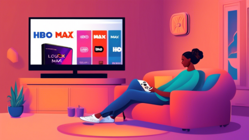 Create an image of a person sitting on a cozy living room sofa, holding an HBO Max login screen on a TV remote. The TV screen displays the HBO Max logo with an option to sign in. Nearby, there is a coffee table with a bowl of popcorn and a couple of soda cans, emphasizing a relaxed evening setup.