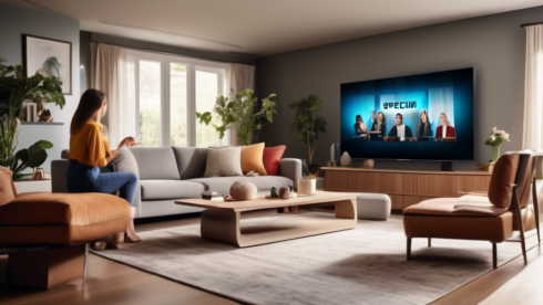 An image of a modern living room with a sleek, large flat-screen TV displaying the Spectrum Live TV interface. The room is cozy with elegant decor, and a family is sitting on a comfortable couch, happily engaged with the TV. The scene should reflect modern technology and a seamless, enhanced viewing experience that emphasizes the revolutionized TV experience Spectrum Live TV offers.