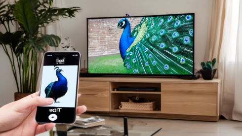 An image depicting a modern living room setup with a large flat-screen TV, with the PeacockTV.com logo displayed on the screen. In the foreground, a person is holding a remote control and a smartphone with the Peacock TV app open, showing the steps to set it up. There are cozy furniture and plants in the background, creating a welcoming and comfortable environment.