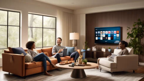 Prompt for DALL-E: A modern living room setting featuring a sleek, wall-mounted smart TV displaying the DIRECTV Streaming interface. On the coffee table lies a DIRECTV remote and a tablet with the DIRECTV Streaming app opened. A family of four sits on the comfortable couch, engaged and smiling as they browse through various streaming options. The background includes tasteful decor with calm lighting, creating an inviting atmosphere.