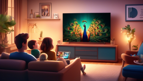 An informative and engaging digital illustration showing the Peacock TV logo on a modern smart TV in a cozy living room setup. The scene includes a family gathered around the TV with excitement, a laptop showing the Peacock TV webpage, and an array of popular shows and movies displayed on the TV screen. The room has a warm, inviting atmosphere with soft lighting, emphasizing the user-friendly and family-oriented nature of the streaming service.