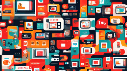 Create an illustration showcasing a variety of popular YouTube TV channels, featuring diverse content such as cooking, gaming, fitness, news, and travel. Each channel should have its own distinct visual theme, with vibrant thumbnails and logos that pop, all displayed on a sleek, modern TV interface.