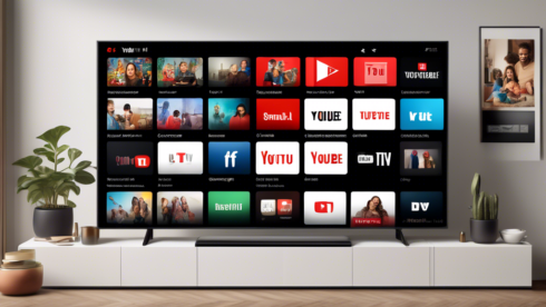 Create an image showcasing the advantages of the YouTube TV app. The image should feature a modern living room with a smart TV displaying the YouTube TV interface. Display multiple popular TV channels and streaming options on the screen. Surround the TV with icons and symbols representing features like cloud DVR, multiple user profiles, live TV, and on-demand content. Include a happy family engaged with the app, emphasizing convenience and user-friendly experience.