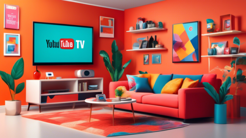 Illustrate a vibrant, eye-catching scene showcasing a living room with a modern TV displaying the YouTube TV logo. Surround the TV with various digital coupons, sale tags, and promotional banners. Include happy family members enjoying the show, while a smartphone on the coffee table displays notifications of special deals and offers. Use bright colors and dynamic elements to emphasize the excitement of finding great deals and promotions for YouTube TV.