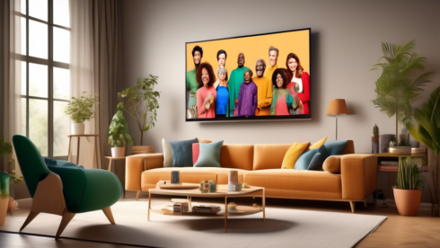 Create an image depicting a vibrant, modern living room where a diverse group of people, representing various ages and backgrounds, are joyfully watching a large wall-mounted TV. On the TV screen, showcase a dynamic collage of popular TV series and movies available on PeacockTV. The room should have a cozy and inviting ambiance, with comfortable seating and subtle PeacockTV branding elements like its logo or color scheme integrated into the decor.