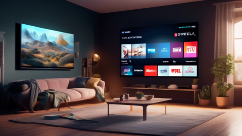 An image depicting the future of television with a living room that seamlessly blends traditional cable television and modern streaming services, showcasing a large, futuristic smart TV screen displaying various popular streaming platforms alongside traditional TV channels. The room is equipped with voice-activated devices, high-tech remote controls, and other advanced technology, creating a cozy yet ultra-modern atmosphere.