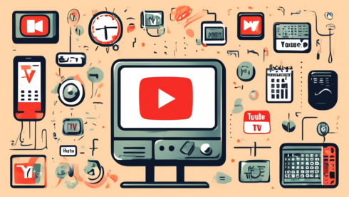 Create an illustration depicting various aspects of YouTube TV's cost structure. The image should include a stylized YouTube TV logo, a calendar indicating a monthly subscription fee, and several devices such as a smart TV, smartphone, and tablet. Surround these elements with price tags and symbols of money (like dollar signs and coins) to emphasize the idea of costs and pricing. Include a mix of vibrant colors to make the image visually appealing.