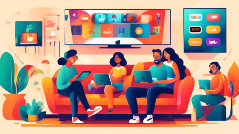 Create a vibrant and dynamic illustration showing a diverse family enjoying free TV streaming on various devices including a smart TV, tablet, and smartphone. The background should depict a cozy living room with a modern design, and the TV screen should display a selection of different genres, from news and movies to sports and cartoons. Include icons or symbols representing free streaming services to emphasize the concept.