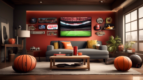 Create an image of a sports fan's living room setup. The focal point should be a smart TV displaying a live sports game on the ESPN streaming service. The scene should include comfortable furniture, perhaps a couch and a coffee table with snacks and drinks arranged. Additionally, depict a laptop and a smartphone on the couch, both showing the ESPN app interface, symbolizing multi-device streaming. Add subtle branding of ESPN to the screen for recognizability. The room should feel modern, cozy, and lively, capturing the essence of enjoying live sports through streaming.