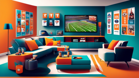 A high-tech living room setting with multiple screens showing NFL games, fans enthusiastically cheering while holding snacks and drinks, a sleek laptop displaying the NFL Network website, and modern gadgets highlighting various ways to stream live football games. Include a vibrant atmosphere with team banners and memorabilia enhancing the sports excitement.