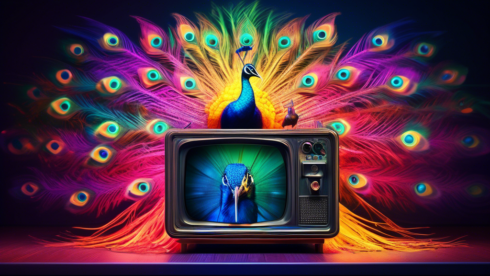 Create an image depicting a vibrant and colorful peacock sitting atop an old-fashioned television set with streaming symbols around it. The background should have a modern living room setting with people using digital devices like tablets, smartphones, and laptops, all displaying various Peacock streaming icons. The image should evoke the theme of modern streaming entertainment combined with the classic symbol of a peacock. Text in German should say Peacock Streaming: Alles, was du wissen musst in a stylish font above or below the image.