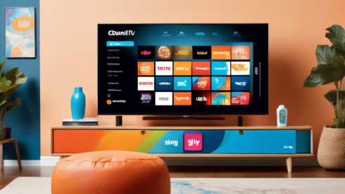 Create an image showcasing various Sling TV package options. Illustrate a dynamic living room setting with a modern TV screen displaying the Sling TV interface, surrounded by colorful icons representing different channel packages (e.g., sports, news, entertainment, kids). Include subtle text labels like 'Orange Package,' 'Blue Package,' and 'Orange & Blue Package' with channel icons. Use a vibrant and inviting color scheme to emphasize the variety of choices.