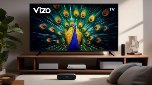 Create an image of a living room with a modern Vizio TV prominently displayed. The TV screen shows the PeacockTV logo, and a person is holding a remote control, pointing it towards the TV. The room is cozy and well-lit, with a sleek, contemporary design, emphasizing how easy and convenient it is to stream PeacockTV on a Vizio television.