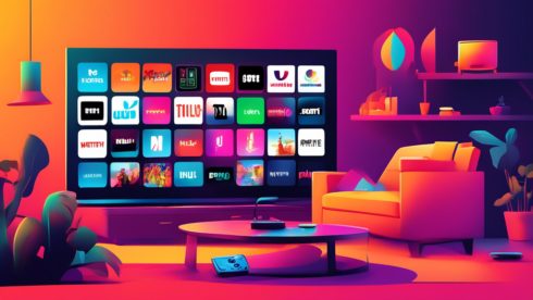 Create a vibrant and dynamic illustration depicting various streaming services offering live TV. Include recognizable icons and logos of popular streaming platforms such as Netflix, Hulu, Amazon Prime Video, and Disney+, each with a small TV symbol indicating live TV. Make sure to include people comfortably watching on different devices like smart TVs, tablets, and smartphones in a cozy, modern living room setting.