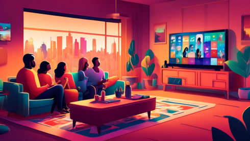 Create an image of people watching TV in a cozy living room, with a streaming interface on the screen showing various local TV channels. The background should include a blend of different city landmarks to represent various local regions. The room should have modern tech devices and a relaxed atmosphere, illustrating the convenience and variety of streaming services that offer local channels.