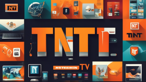 Create a visually engaging image that represents the concept of TNT Streaming. Incorporate elements such as a laptop or smart TV screen displaying the TNT logo, surrounded by various devices such as a smartphone and tablet, showing the versatility in streaming options. Include icons representing popular TV shows and movies to hint at diverse content. Use a modern and dynamic color scheme that reflects the digital streaming world.