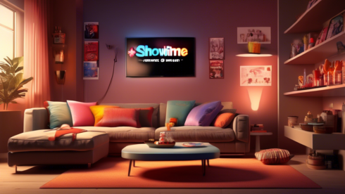 Create an image of a cozy modern living room with a large flat-screen TV displaying the Showtime Anytime logo. Add a comfortable sofa with a person relaxed, surrounded by snacks and drinks, with a remote control in hand, ready for endless streaming. Include details like soft ambient lighting and a shelf with various series DVDs and memorabilia.