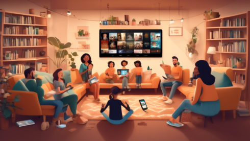 Create an image depicting the various benefits of an Amazon Prime Video subscription. The scene should include a cozy living room with a diverse group of people enjoying different features: a family watching a movie on a smart TV, a person streaming a show on a tablet, another person browsing a vast library of titles, and someone using a voice assistant to search for content. Include icons or subtle text indicating features like Unlimited Streaming, Exclusive Shows, Offline Downloads, and Family Sharing. The overall vibe should be warm, welcoming, and tech-savvy.