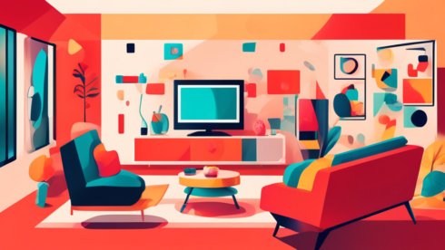 Create an image depicting YouTube Live TV: a dynamic, vibrant scene showing a living room with a modern TV screen displaying various live content icons from YouTube. The room is contemporary with cozy furniture, and multiple screens are showing real-time broadcasts with the YouTube logo subtly integrated.