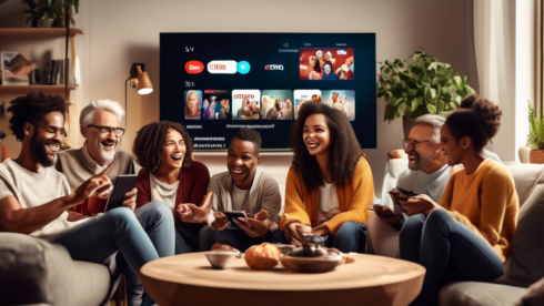 Create an image of a diverse group of people of different ages and backgrounds sitting together in a cozy living room, each engaged with a streaming device (smart TV, tablet, smartphone) showing different genres of content such as comedy, drama, sports, and documentaries. The room has a warm, inviting atmosphere with a banner in the background that reads 'Vix TV: Streaming für jeden Geschmack' to emphasize the variety of options available on Vix TV.