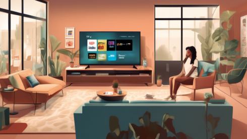 Create an illustration depicting a modern living room with a large flat-screen TV displaying AT&T TV's interface. The room should show a comfortable setting with a sofa, coffee table, and a remote control on the table. On the TV screen, include popular streaming service logos (like Netflix, Hulu, and HBO) integrated with the AT&T TV interface. Add a family sitting on the sofa, engaged and enjoying their TV experience.