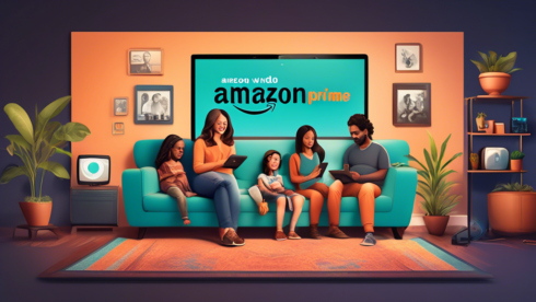 Create a vibrant and engaging illustration showcasing the diverse benefits of Amazon Prime Video. Include a family sitting on a couch with a TV displaying the Amazon Prime Video interface, highlighting popular movies, TV shows, and original content. Show various devices like a tablet, smartphone, and laptop around them to emphasize multi-device accessibility. Additionally, include subtle elements representing fast shipping and Amazon Prime perks in the background.