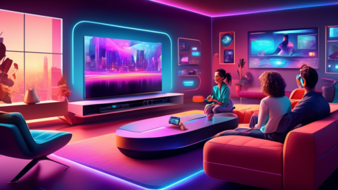 Create an illustration that represents the future of television with a focus on Spectrum Streaming. Depict a futuristic living room where a family is gathered around a large, sleek screen with vibrant, high-definition visuals. The screen shows various streaming options and a seamless interface. Include elements like voice-activated controls, holographic displays, and a minimalist, modern decor to emphasize advanced technology and innovation in entertainment.