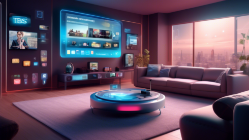 Create an image that represents The Future of Television: An Overview of TBS Streaming. The image should depict a futuristic living room with a sleek, ultra-modern design. In the center, showcase a large, transparent, holographic television screen displaying the TBS streaming service interface. Surrounding the screen, include various futuristic gadgets like voice-activated remote controls, a smart home assistant, and augmented reality glasses. The atmosphere should be high-tech and innovative, highlighting the cutting-edge technology of future television streaming.