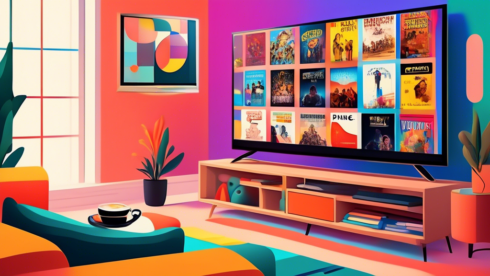 A vibrant digital display showcasing a montage of top-rated series and blockbuster movies available on Amazon Prime TV, featuring diverse genres and popular titles. The background is a cozy living room setting, with an inviting couch, popcorn, and a TV remote on a coffee table, suggesting a perfect binge-watching atmosphere.