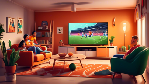 Create an image depicting a living room scene where a family is gathered to watch a live football match on a modern smart TV. Highlight the TV screen showing a vibrant football game, and include a small pop-up in the corner of the screen that says 'fuboTV Connect'. Ensure the room is cozy with comfortable seating and subtle football-themed decorations.