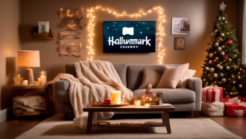 Create a cozy living room scene where a comfortable couch is set up with fluffy blankets and pillows. A TV screen in the background displays the Hallmark Channel logo, surrounded by soft fairy lights and romantic decor. A person holding a remote control is about to start streaming a Hallmark movie, while a cup of hot chocolate and some snacks are placed on a coffee table nearby. The atmosphere should be warm, inviting, and perfect for a romantic movie night.