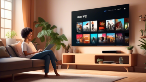 Create an image depicting a person sitting comfortably in their living room, streaming local television channels on a modern smart TV. The room should have a cozy, welcoming atmosphere with a few elements like a fluffy couch, a coffee table with a mug, and a shelf with books and a plant. The TV screen should display various local news and entertainment channels, emphasizing the convenience and accessibility of streaming local content.