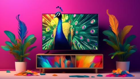 Create an image of a vibrant peacock perched atop a television set, with colorful feathers forming various streaming service logos including Peacock, Netflix, and Hulu. The background should have a cozy living room setting with a modern, high-tech feel, emphasizing the appeal of streaming services. The image should evoke excitement and exclusivity for streaming fans discovering a hidden gem.