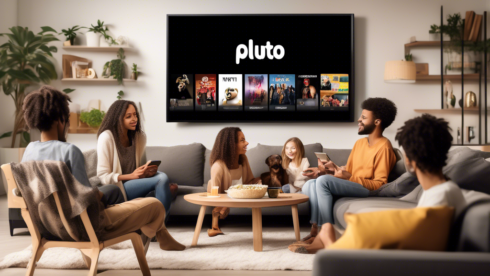 Create an image of a cozy living room with a modern entertainment setup, where a diverse group of friends and family are comfortably seated and watching TV together. The TV screen shows the Pluto TV logo and various streaming channels. Small visual cues like a popcorn bowl, a friendly dog, and a tablet with a free streaming message enhance the sense of a relaxed, enjoyable viewing experience.