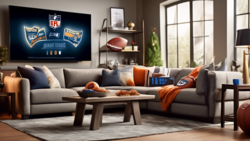 Create an image of a living room with a modern setup: a large TV displaying an NFL game streamed via Prime Video. The room is adorned with sports memorabilia, including team jerseys, footballs, and banners. There's a comfortable couch with people excitedly watching the game, snacks and drinks on the coffee table, and a smart device on the side clearly showing the Prime Video logo. The scene captures the excitement and convenience of live-streaming NFL games at home through Prime Video.