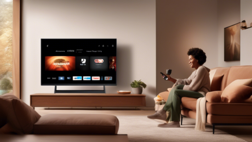 Create an image of a modern Vizio smart TV in a cozy living room setting, displaying the Paramount Plus app on the screen. Include a remote control on a coffee table, with a person pointing at the TV as they navigate the app. The Paramount Plus logo should be clear and prominent on the screen. The room should have a warm and inviting atmosphere, with soft lighting and comfortable furniture.