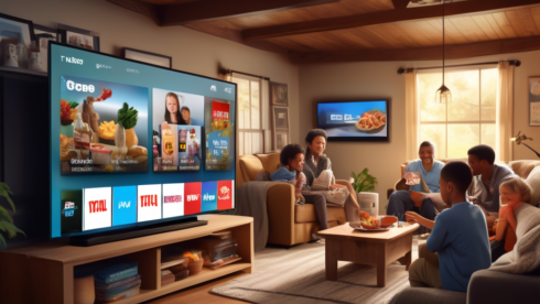 Create an image depicting a living room scene where a family is gathered around a smart TV streaming local television channels. The TV screen shows a variety of local programming like news, weather, and community events. On a nearby table, there are snacks and a tablet displaying different streaming service logos. The scene should be cozy and inviting, with attention to detail in the local elements shown on the TV screen.