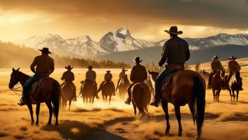 A stunning promotional image for the TV series 'Yellowstone' on Paramount Plus, featuring the rugged landscapes of Montana with majestic mountains in the background, a group of cowboys on horseback, and the iconic Dutton family ranch. The scene is bathed in golden sunlight, capturing the epic drama and grandeur that makes this show a must-watch for series fans.