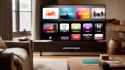 Create an image depicting a modern Apple TV setup, showcasing a sleek television in a cozy living room. In the foreground, display a transparent overlay of price tags and information icons to symbolize various cost options and subscription plans related to Apple TV. Include subtle hints of streaming content, like blurred thumbnails or posters in the background, to emphasize the variety of entertainment choices available.