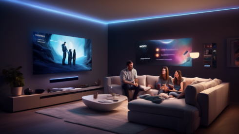 Create an image depicting a futuristic living room where a family is using an advanced version of DirecTV Now. The room is equipped with a large, ultra-thin, wall-mounted smart screen displaying various channels and interactive features. The family sits on a sleek, modern couch, each member holding a device controlling their individual viewing experience. The room is illuminated with ambient lighting and contains subtle technological elements like holographic displays and voice-activated assistants. The scene should convey a sense of innovation, connectivity, and the evolving nature of television entertainment.