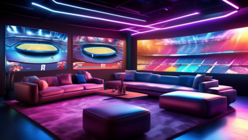 Create an image that depicts a futuristic room filled with holographic screens displaying various live sports events. The room has a sleek, modern design with comfortable seating and state-of-the-art technology. Prominently featured is a streaming platform interface showing options for watching football, basketball, tennis, and other sports, with vibrant colors and dynamic graphics illustrating the excitement of each event. The atmosphere should convey the ultimate sports viewing experience, highlighting ease of access and variety of content.