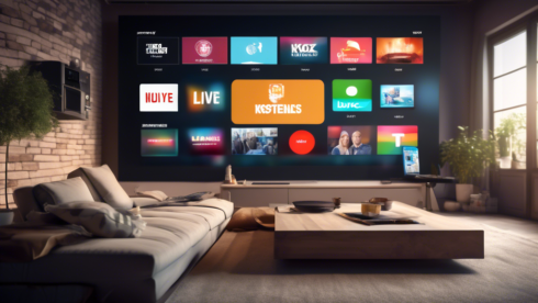 Create an image depicting a modern living room with a large smart TV screen in the center. On the screen, there is an interface showing a variety of TV channels, with a banner at the top that reads Kostenloses Live-TV-Streaming. Around the room, different family members are using various devices like tablets, laptops, and smartphones, all displaying the same streaming interface, indicating how the service works across multiple platforms. Add a touch of vibrant, digital overlays and icons to emphasize the technology aspect.